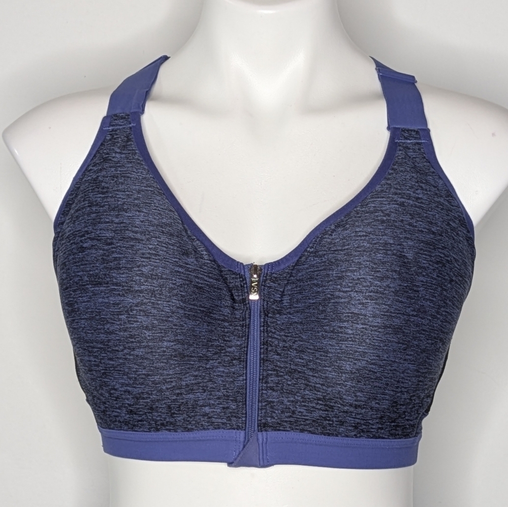 Victoria's Secret Heathered Blue Black Front Zip Athletic Sports Bra 36DD 36E